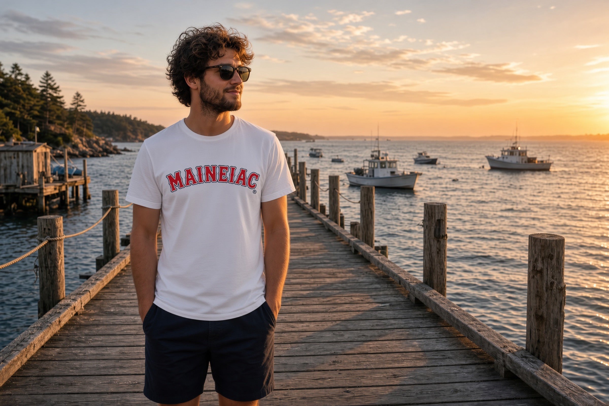 Maineiac white tee on a Maine dock at sunset