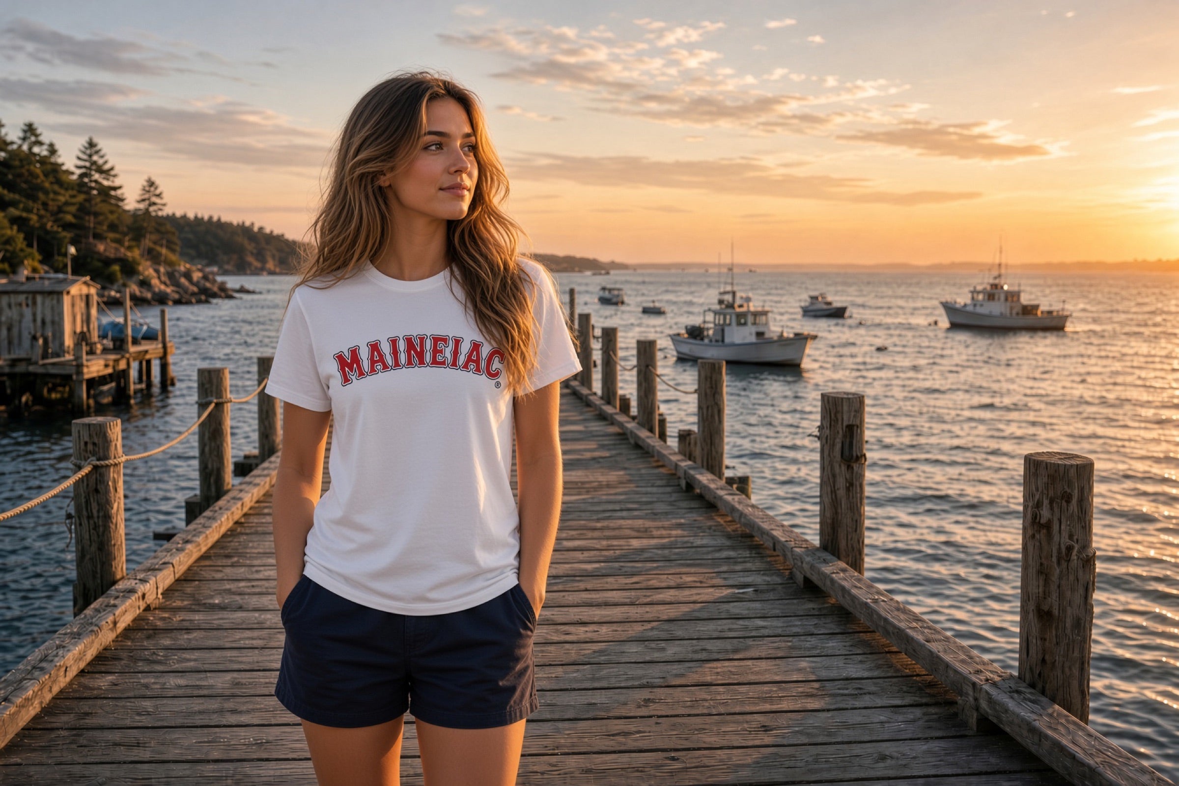 Maineiac white tee on a Maine dock at sunset